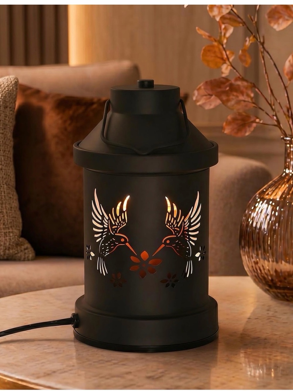 Vintage Black Hummingbird Lantern Table Accent Lamp - Decorative Home Accent